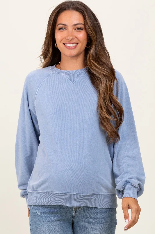 Blue Vintage Wash Relaxed Fit Maternity Sweatshirt Hoodie with Half-Zip Sporty Casual