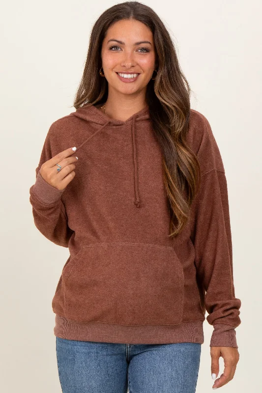 Brown Brushed Knit Oversized Maternity Hoodie Hoodie with Exposed Zipper Edgy Industrial