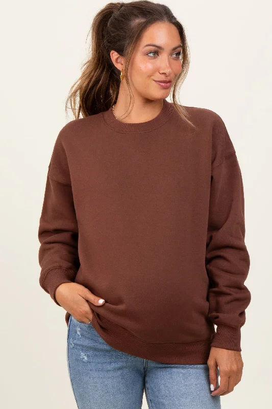 Brown Fleece Crew Neck Relaxed Fit Maternity Sweatshirt Hoodie with Monochrome Minimalist Simple