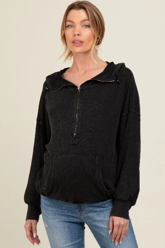 Charcoal Waffle Knit Half Zip Relaxed Fit Maternity Hoodie Hoodie with Frayed Bohemian Relaxed