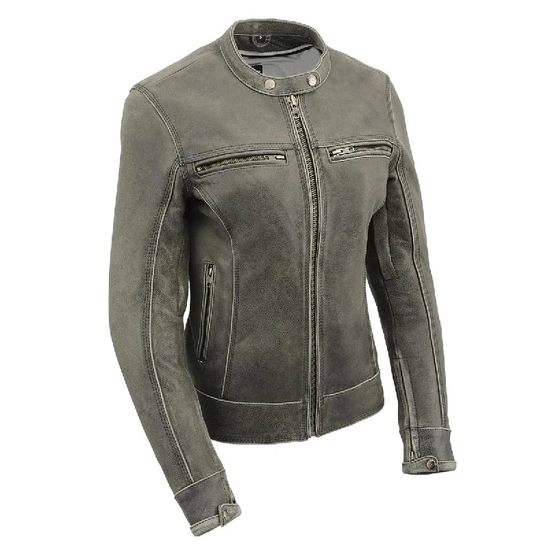 GRAY Leather MLL2550 Women's ‘Scooter ‘Distressed Grey Leather Motorcycle Riding Vented Jacket One-Shoulder Jacket Off-the-Shoulder Jacket Asymmetrical Jacket GRAY Leather MLL2550 Women's ‘Scooter ‘Distressed Grey Leather Motorcycle Riding Vented Jacket One-Shoulder Jacket Off-the-Shoulder Jacket Asymmetrical Jacket