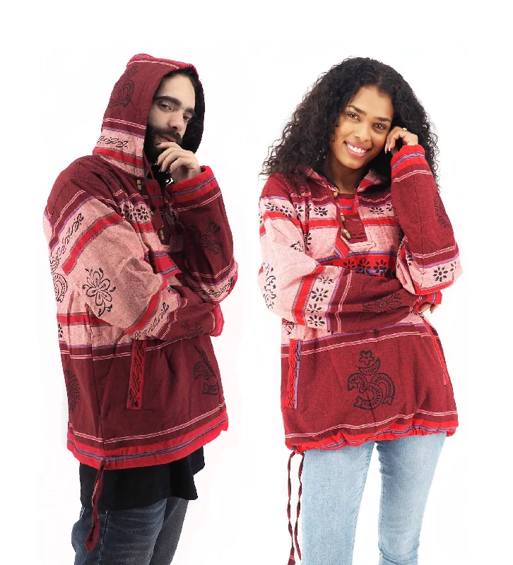 Handmade Casual Boho Cotton Unisex Jackets Hoodies Size S-M-L-XL- Red Hoodie with Elastic Waist Stretchable Comfortable