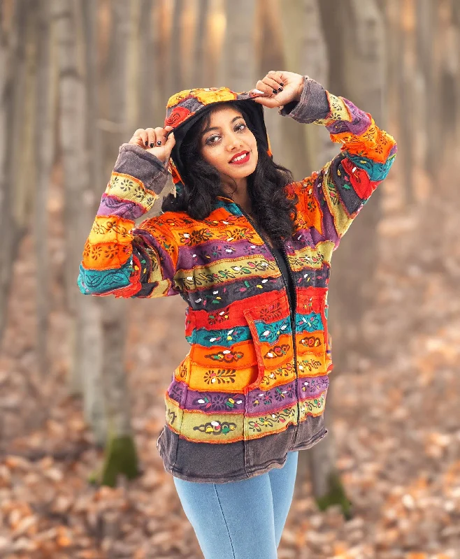 Handmade Patchwork Boho Fleece Lined Hoodie 100% Pre-Washed Cotton Rainbow Tones S-M-L-XL Hoodie with Zipper Versatile Modern