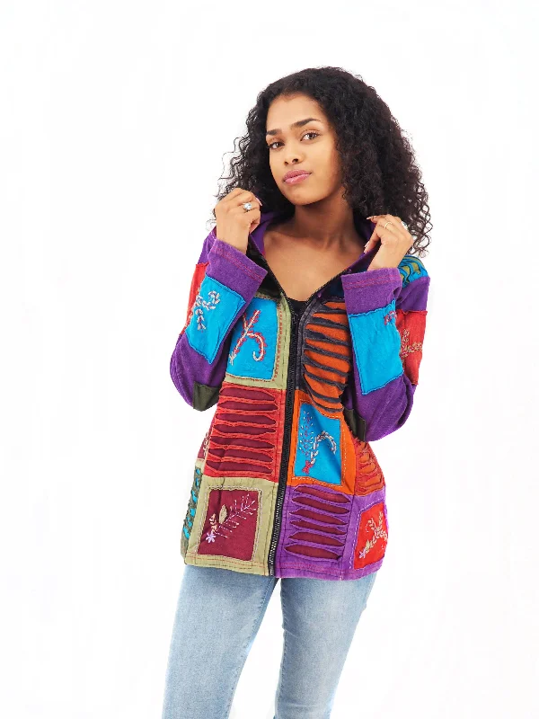 Handmade Patchwork Boho Hoodie 100% Pre-Washed Cotton Blue Purple Tones S-M-L-XL Hoodie with High-Low Hem Asymmetrical Trendy