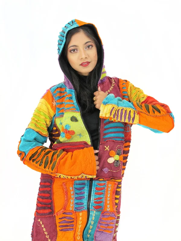 Handmade Patchwork Boho Hoodie 100% Pre-Washed Cotton Bright Tones XXL Hoodie with Half-Zip Sporty Casual