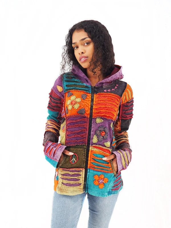 Handmade Patchwork Boho Hoodie 100% Pre-Washed Cotton Orange Purple Tones XXL Hoodie with Applique Textured Unique