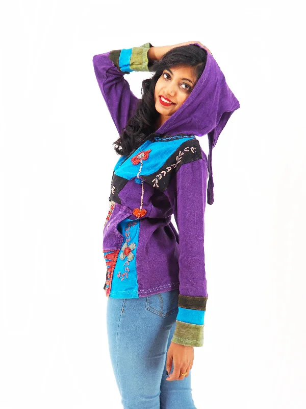 Handmade Patchwork Boho Hoodie 100% Pre-Washed Cotton Pixie Hood Blue Purple S-M-L-XL Hoodie with Typography Text Message