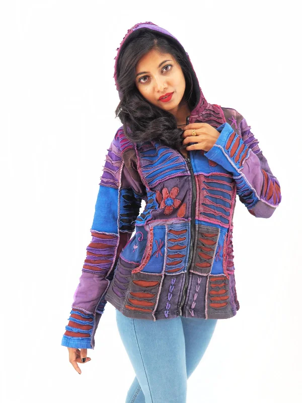 Handmade Patchwork Boho Hoodie 100% Pre-Washed Cotton Purple Tones S-M-L-XL Hoodie with Hem Frayed Vintage Worn