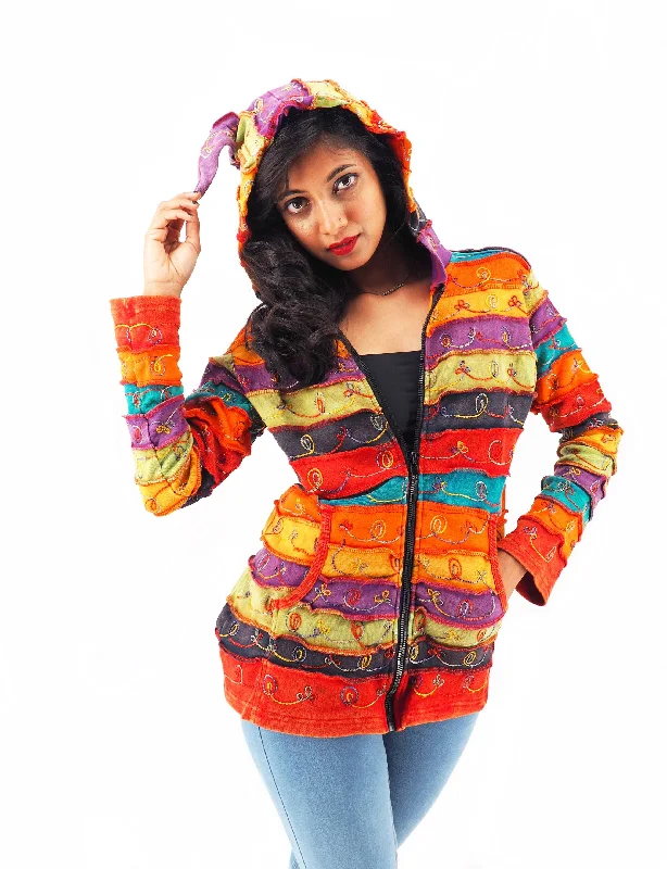 Handmade Patchwork Boho Hoodie 100% Pre-Washed Cotton Rainbow Tones S-M-L-XL Hoodie with Toggle Buttons Decorative Unique