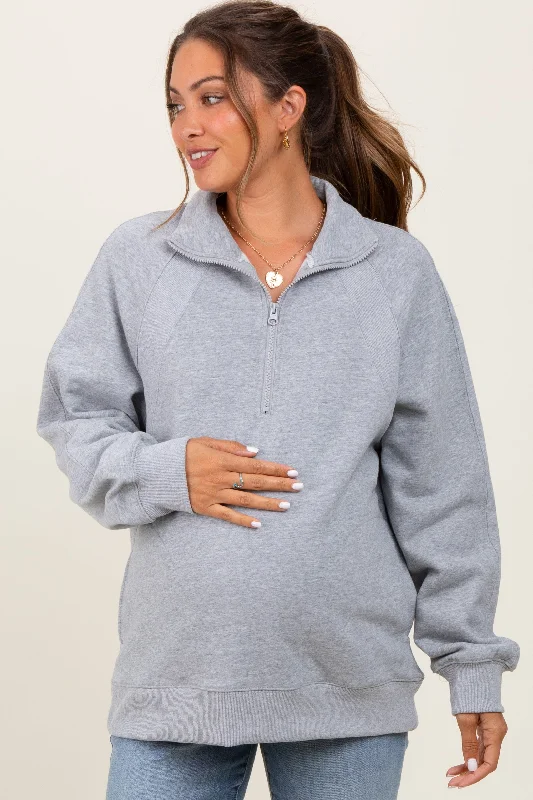 Heather Grey Half Zip Contrast Rib Sweatshirt Maternity Top Hoodie with Raglan Sleeves Sporty Comfortable