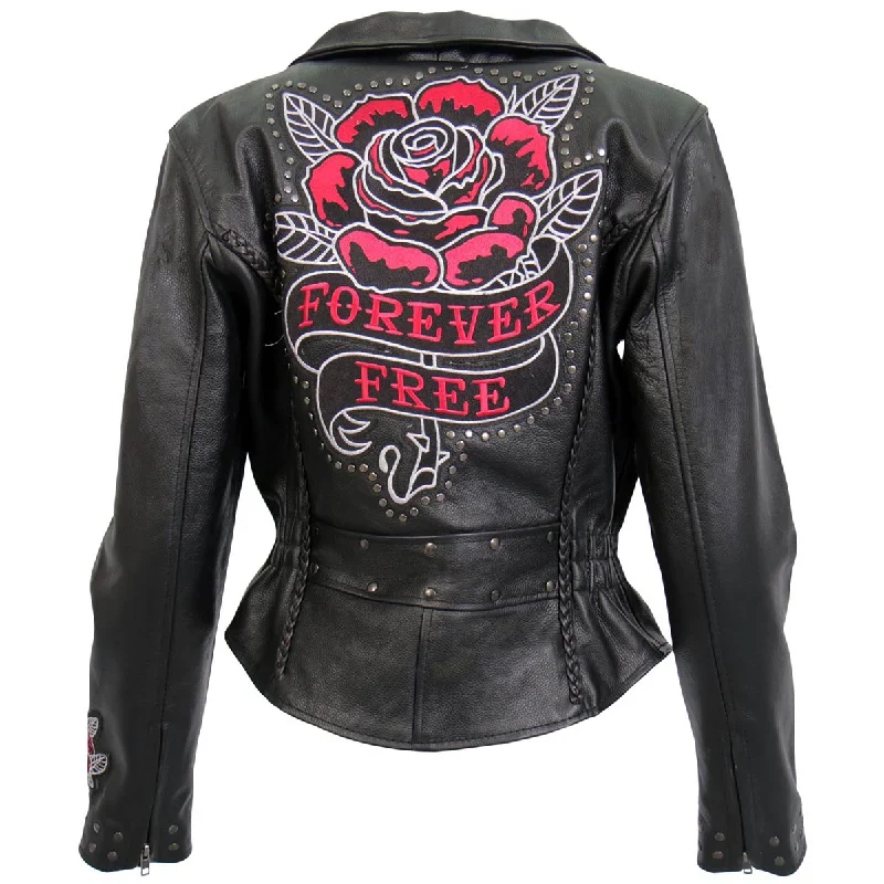 Hot Leathers JKL2001 Women's Black 'Embroidered Bling Rose Design' Braided Motorcycle Leather Jacket Satin Jacket Silk Jacket Chiffon Jacket Hot Leathers JKL2001 Women's Black 'Embroidered Bling Rose Design' Braided Motorcycle Leather Jacket Satin Jacket Silk Jacket Chiffon Jacket