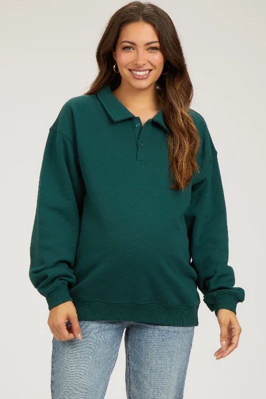 Hunter Green Collared Pullover Maternity Sweatshirt Hooded Sweatshirt Casual Wear Street Style