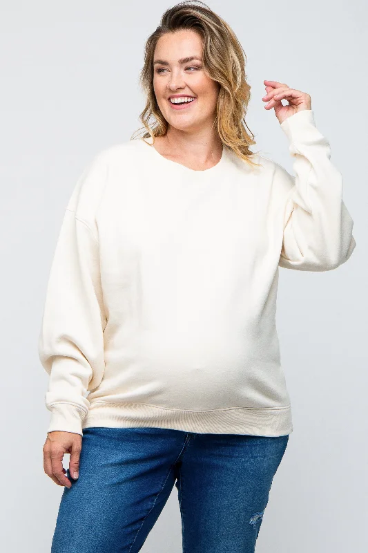 Ivory Soft Knit Fleece Lined Maternity Plus Sweatshirt Hoodie with Crew Neck Simple Timeless