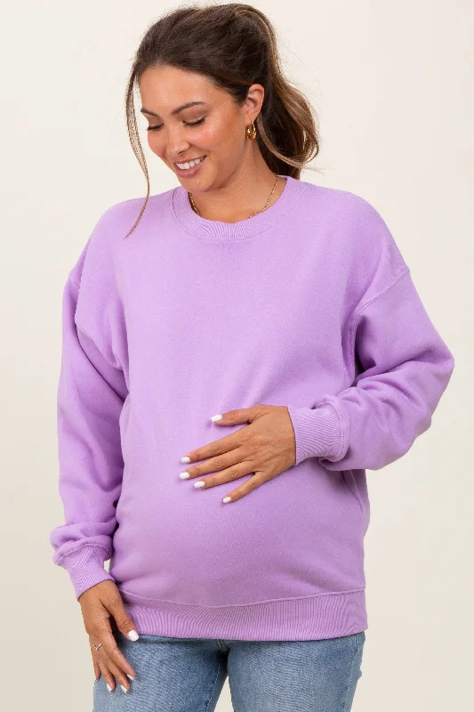 Lavender Fleece Crew Neck Relaxed Fit Maternity Sweatshirt Hoodie with Set-In Sleeves Structured Classic