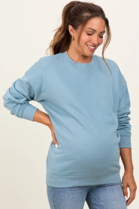 Light Blue Fleece Crew Neck Relaxed Fit Maternity Sweatshirt Hoodie with Applique Textured Unique