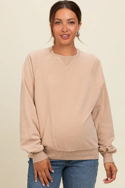 Light Taupe Vintage Wash Relaxed Fit Maternity Sweatshirt Hoodie with Hem Applique Textured Unique