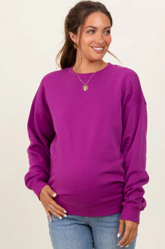 Magenta Fleece Crew Neck Relaxed Fit Maternity Sweatshirt Hoodie with Oversized Fit Loose Comfortable