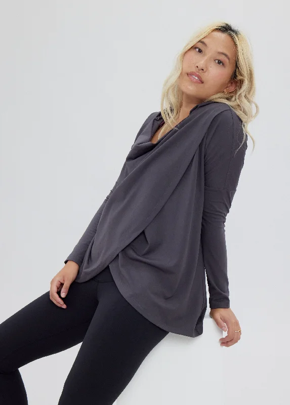 Active Wrap Maternity + Nursing Sweatshirt Gray Hoodie with Raw Hem Edgy Unfinished