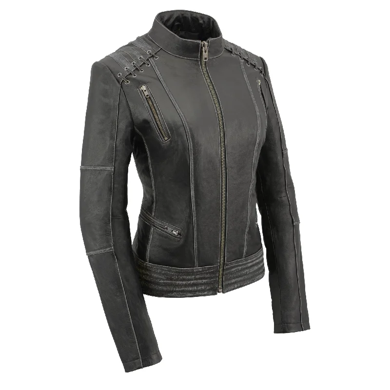 Women Distressed Black Leather Jacket with Lace Faux Fur Fabric Real Fur Fabric Shearling Fabric Women Distressed Black Leather Jacket with Lace Faux Fur Fabric Real Fur Fabric Shearling Fabric