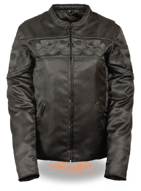Women's Crossover Textile Scooter Jacket w/ Reflective Skulls Front Pockets Side Pockets Patch Pockets Women's Crossover Textile Scooter Jacket w/ Reflective Skulls Front Pockets Side Pockets Patch Pockets