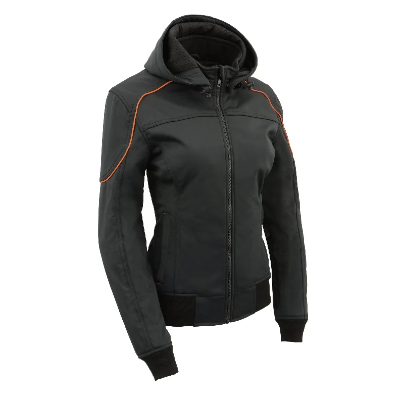 Women Soft Shell Armored Racing Style Jacket with Detachable Hood Front Pockets Side Pockets Patch Pockets Women Soft Shell Armored Racing Style Jacket with Detachable Hood Front Pockets Side Pockets Patch Pockets