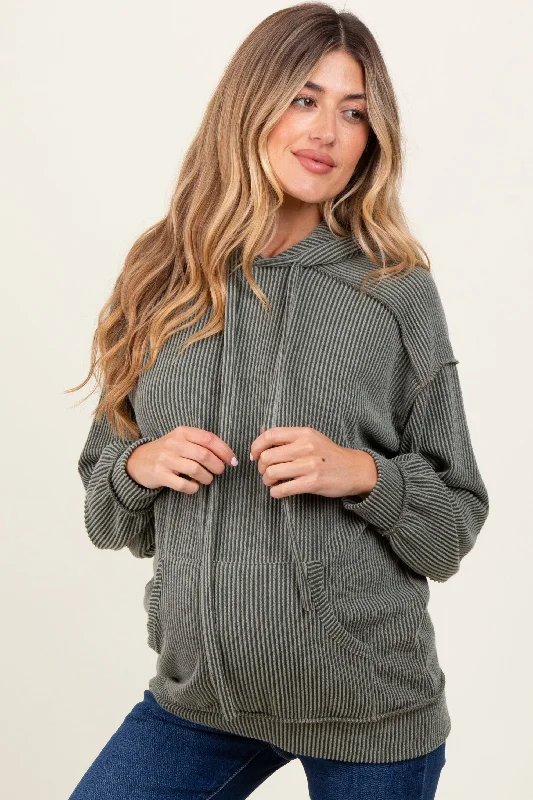 Olive Ribbed Front Pocket Maternity Drawstring Hoodie Hoodie with Full-Zip Functional Layering