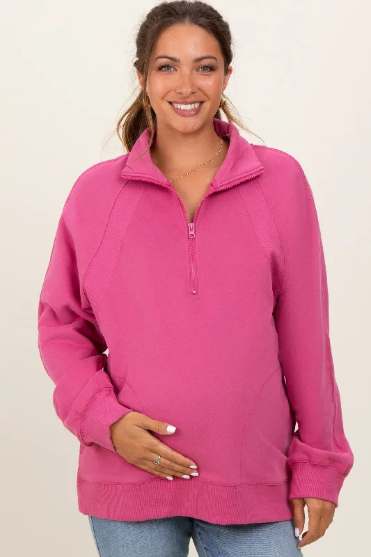 Pink Half Zip Contrast Rib Sweatshirt Maternity Top Hoodie with Elastic Cuffs Stretchable Comfortable