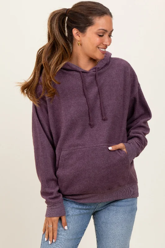 Purple Brushed Knit Oversized Maternity Hoodie Hoodie with Elastic Waist Stretchable Comfortable