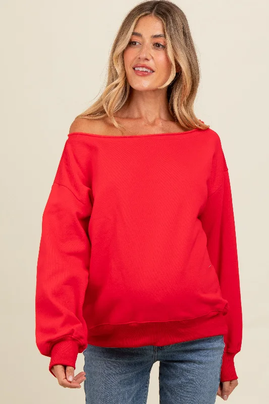 Red One Shoulder Maternity Sweatshirt Hoodie with Thumb Holes Functional Cozy