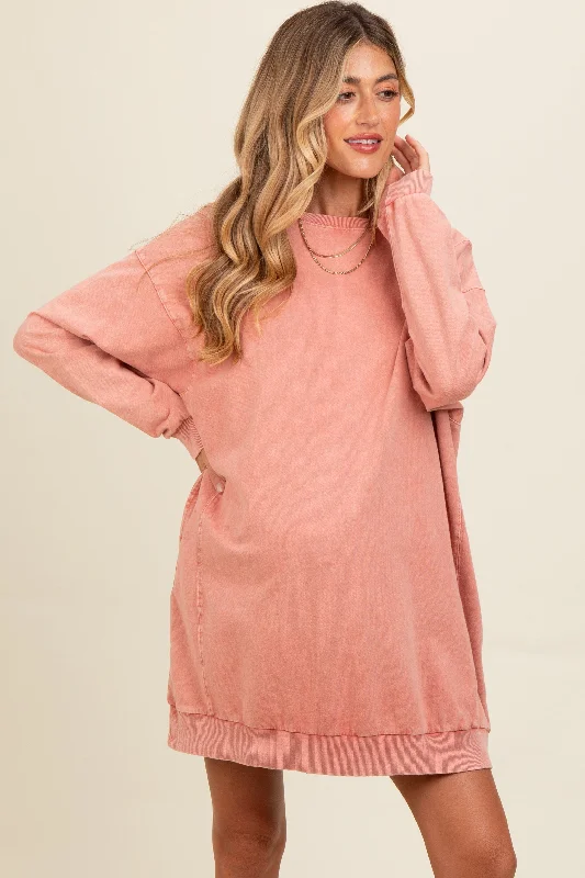 Salmon Mineral Wash Maternity Sweatshirt Dress Hoodie with Frayed Bohemian Relaxed