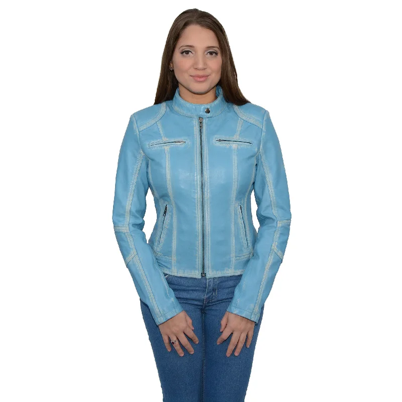 Women's Sheepskin Scuba Style Moto Jacket Notch Collar Peter Pan Collar Cowl Neck
