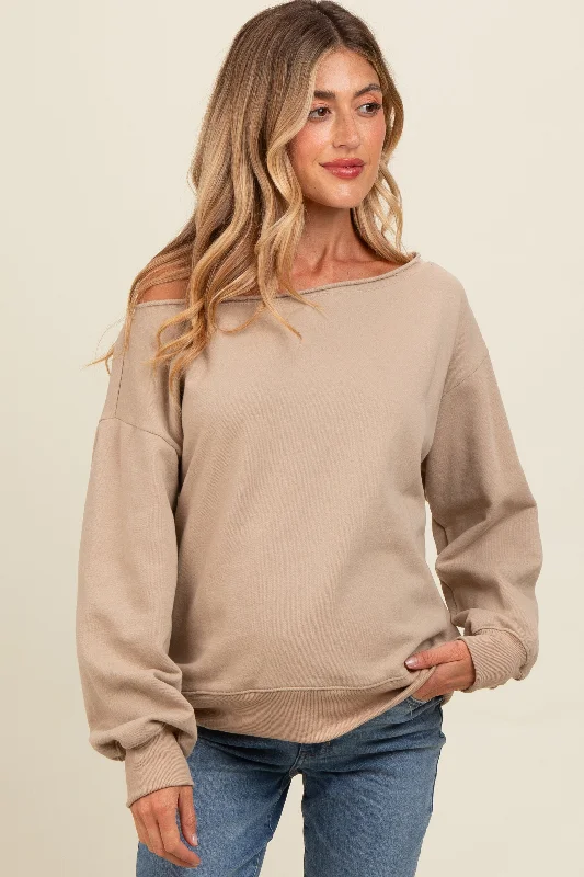 Taupe One Shoulder Maternity Sweatshirt Hoodie with Typography Text Message