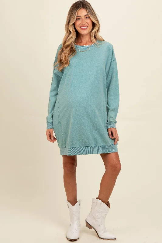 Teal Mineral Wash Maternity Sweatshirt Dress Hoodie with Earth Tones Natural Calm