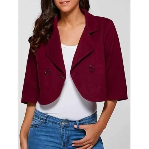 3/4 Sleeve Buttoned Wool Cropped Jacket - Claret 2xl Front Pockets Side Pockets Patch Pockets 3/4 Sleeve Buttoned Wool Cropped Jacket - Claret 2xl Front Pockets Side Pockets Patch Pockets