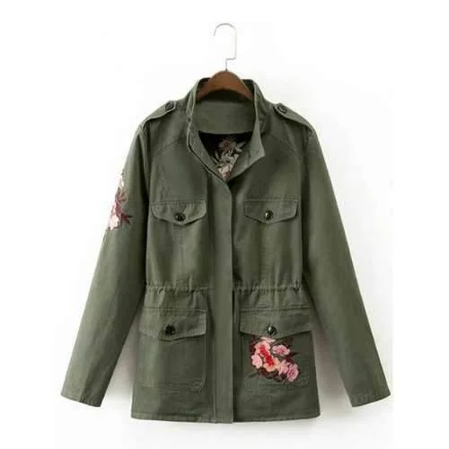 Drawstring Floral Embroidered Field Jacket - Army Green M Nylon Fabric Polyester Fabric Spandex Fabric Drawstring Floral Embroidered Field Jacket - Army Green M Nylon Fabric Polyester Fabric Spandex Fabric
