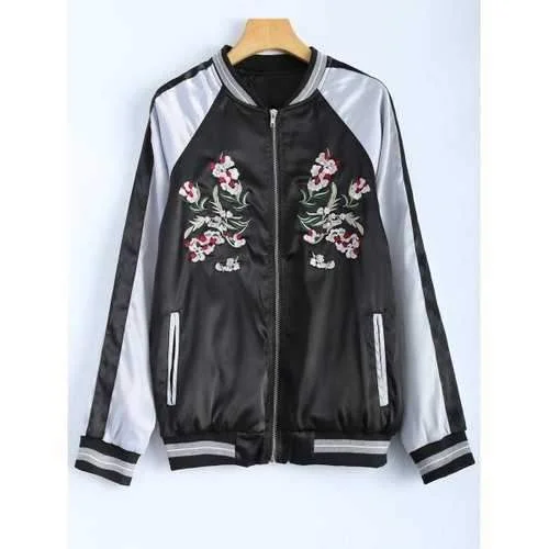 Color Block Flower Embroidery Fall Bomber Jacket - Black L Collared Jacket Crew Neck Jacket Turtle Neck Jacket Color Block Flower Embroidery Fall Bomber Jacket - Black L Collared Jacket Crew Neck Jacket Turtle Neck Jacket