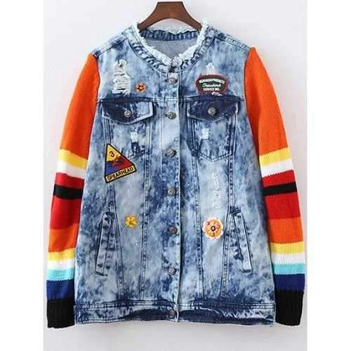 Ripped Patched Denim Spliced Jacket - Blue L Collared Jacket Crew Neck Jacket Turtle Neck Jacket Ripped Patched Denim Spliced Jacket - Blue L Collared Jacket Crew Neck Jacket Turtle Neck Jacket