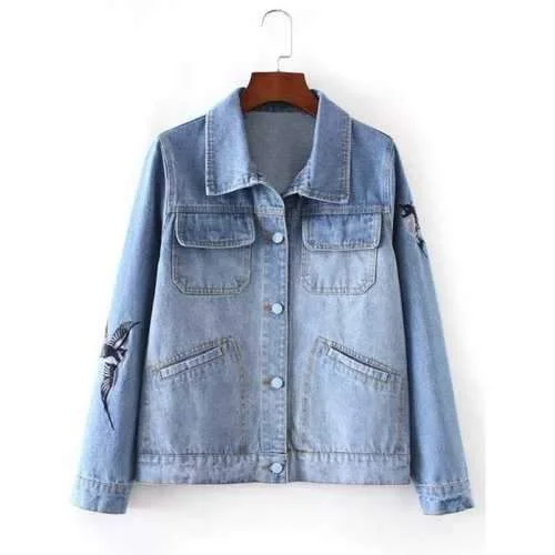 Bird Embroidery Jeans Jacket - Light Blue L Fleece Jacket Down Jacket Feather Jacket Bird Embroidery Jeans Jacket - Light Blue L Fleece Jacket Down Jacket Feather Jacket