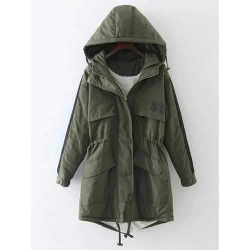 Striped Hooded Drawstring Flocking Jacket - Army Green M Welt Pockets Slit Pockets Flap Pockets Striped Hooded Drawstring Flocking Jacket - Army Green M Welt Pockets Slit Pockets Flap Pockets