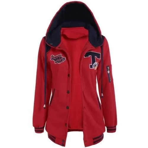 Button Up Hooded Patched Jacket - Red M Print Jacket Jacquard Jacket Patchwork Jacket Button Up Hooded Patched Jacket - Red M Print Jacket Jacquard Jacket Patchwork Jacket