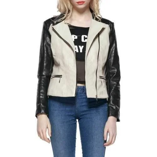 Faux Leather Colorblock Biker Jacket - Beige 2xl Fleece Fabric Down Fabric Feather Fabric Faux Leather Colorblock Biker Jacket - Beige 2xl Fleece Fabric Down Fabric Feather Fabric