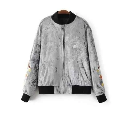 Embroidered Velvet Padded Jacket - Light Gray M Welt Pockets Slit Pockets Flap Pockets Embroidered Velvet Padded Jacket - Light Gray M Welt Pockets Slit Pockets Flap Pockets