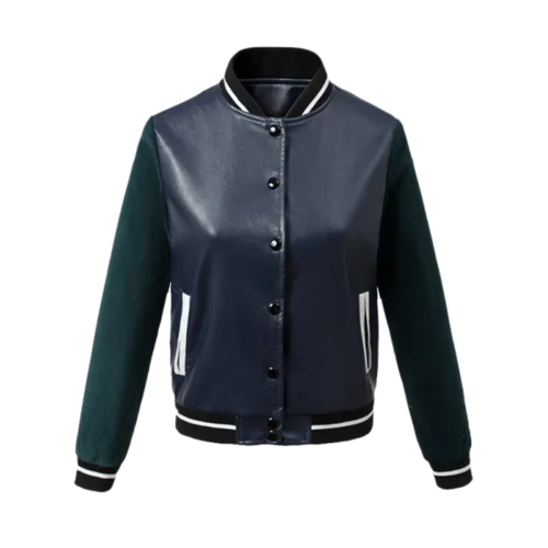 Contrast Sleeve PU Leather Baseball Jacket - Blue And Green M Welt Pockets Slit Pockets Flap Pockets Contrast Sleeve PU Leather Baseball Jacket - Blue And Green M Welt Pockets Slit Pockets Flap Pockets