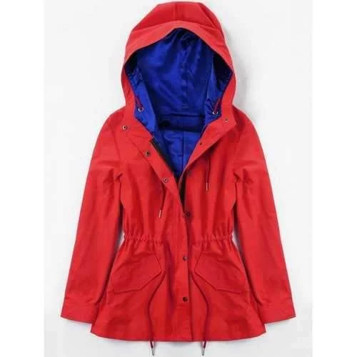 Hooded Drawstring Jacket with Heating Piece - Red M Zippered Front Buttoned Front Snap Front Hooded Drawstring Jacket with Heating Piece - Red M Zippered Front Buttoned Front Snap Front