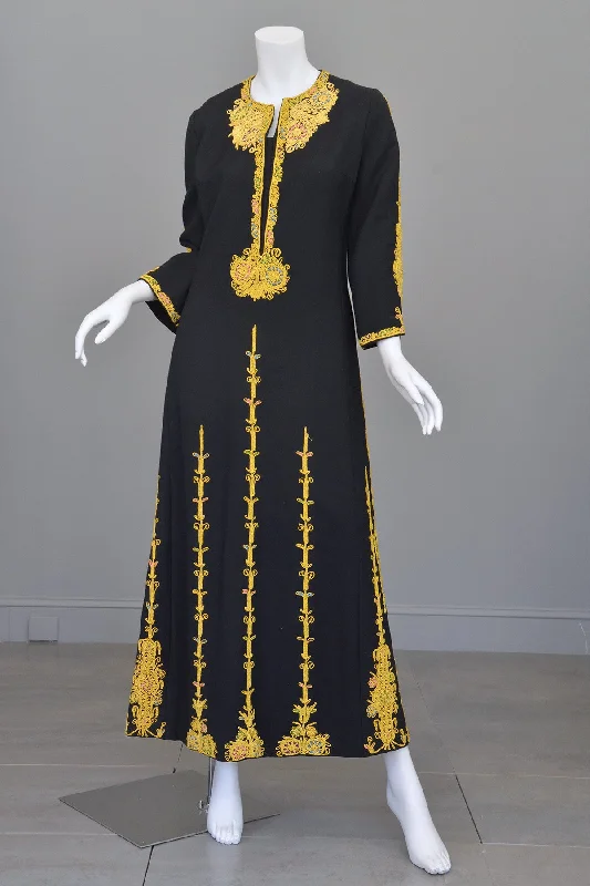 1970s Black Wool Gold Embroidered A-Line Caftan Maxi Dress Chic Summer Floral Maxi Dress