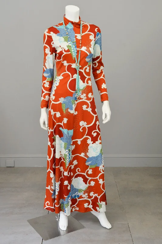 1970s Burnt Orange Blue Retro Abstract Op Art Print Maxi Dress Trendy Off-Shoulder Ruffle Maxi Dress