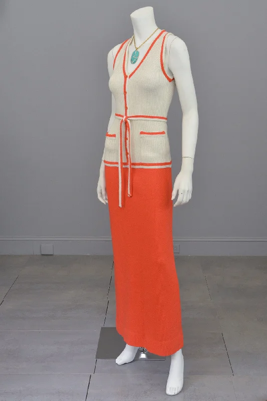 1970s Orange and Off-White Color Block ModKnit Maxi Dress Stylish Empire Waist Maxi Dress