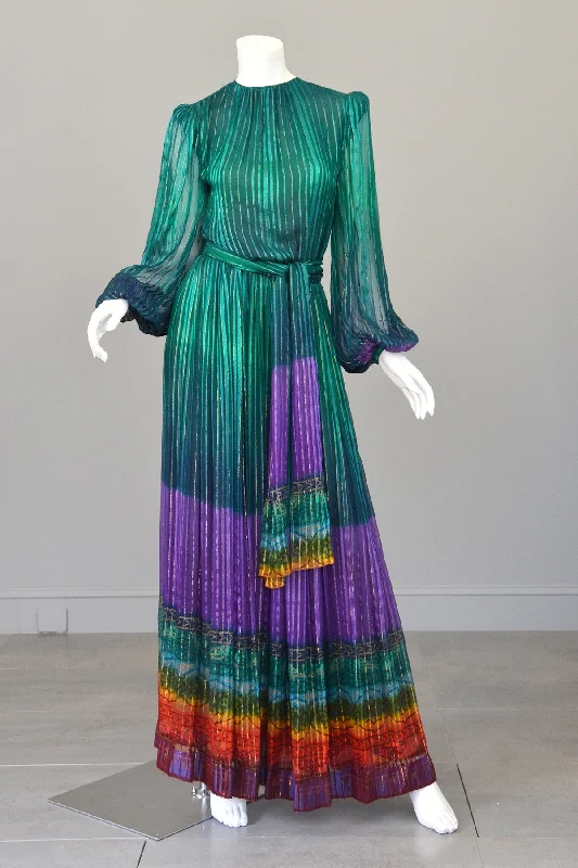 RESERVED 1970s Sheer Peacock Rainbow Silk Maxi Dress with Poet Sleeves Vintage Dress Fashionable Open-Back Maxi Dress