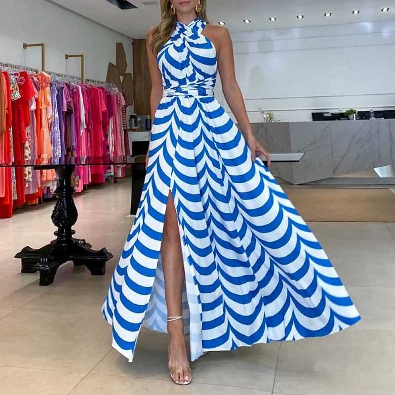 2022 summer new women's sweet striped halterneck high waist slit maxi dress Cozy Ruffle Sleeve Maxi Dress