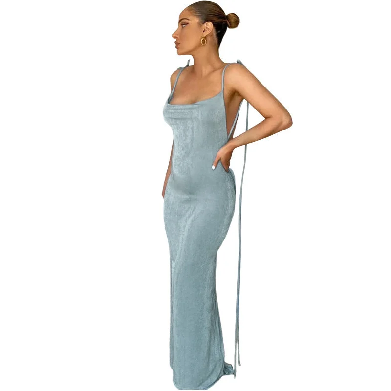 2022 Women Swing Collar Backless Maxi Dress Sexy Spaghetti Strap Slim Sleeveless Prom Dress Long Club Party Beach Dress Outfits Stylish A-Line Maxi Dress